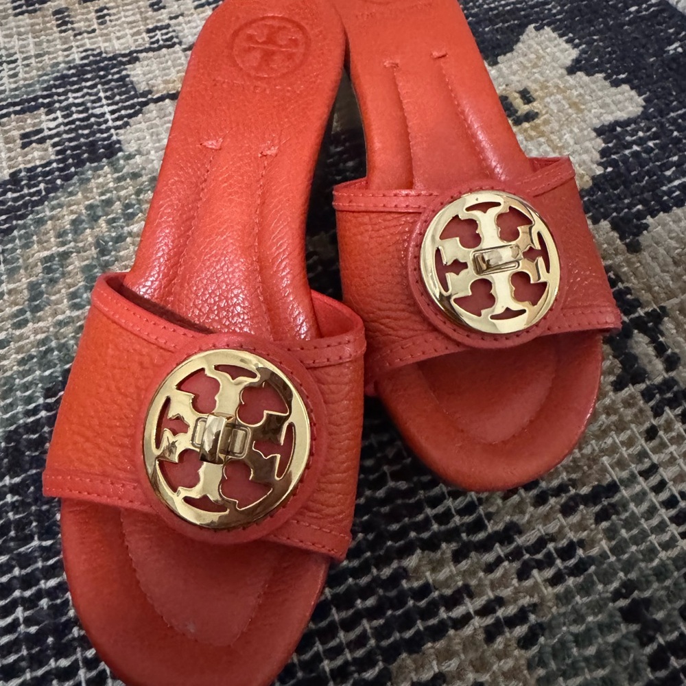 Tory Burch Orange Slide Sandals with Gold Logo
